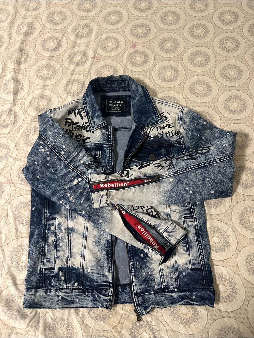 Rebellion Distressed Blue & White Graffiti Denim Jacket